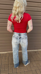 Western Striped High Waist Cuffed Straight Loose Jeans