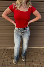 Western Striped High Waist Cuffed Straight Loose Jeans