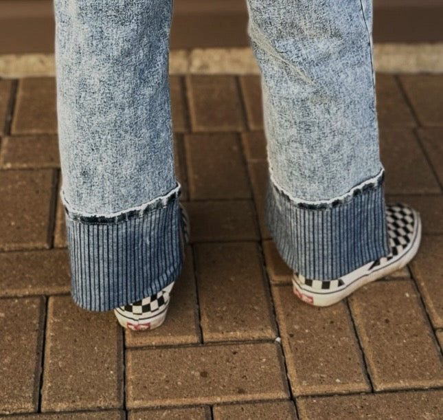 Western Striped High Waist Cuffed Straight Loose Jeans